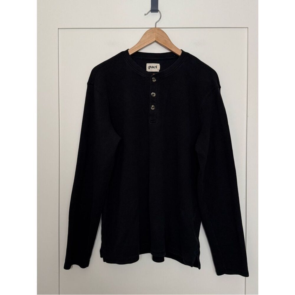 Pact Thermal Waffle Knit Henley Top Mens Sz XL Black Long Sleeve Organic Cotton - Picture 1 of 11